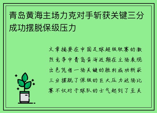 青岛黄海主场力克对手斩获关键三分成功摆脱保级压力