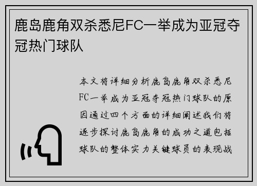 鹿岛鹿角双杀悉尼FC一举成为亚冠夺冠热门球队