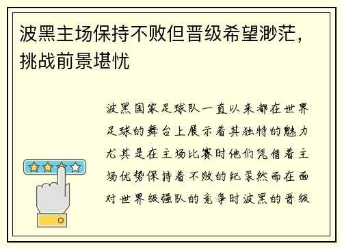 波黑主场保持不败但晋级希望渺茫，挑战前景堪忧